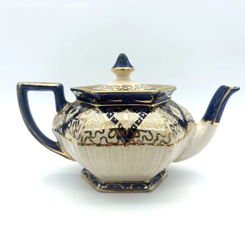 Vintage Imari Style Teapot Cobalt Blue and Gold Gilt Geometric Pattern 2 Piece